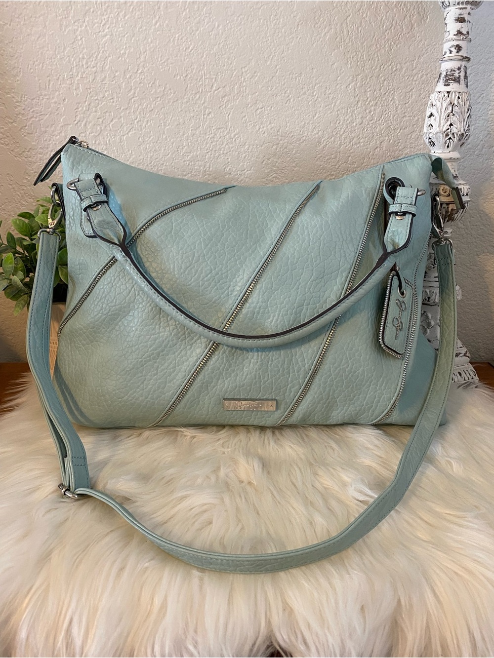 Jessica Simpson Minty Blue/Green Pebbled Leather Shoulder Bag w/ Zipper Detail